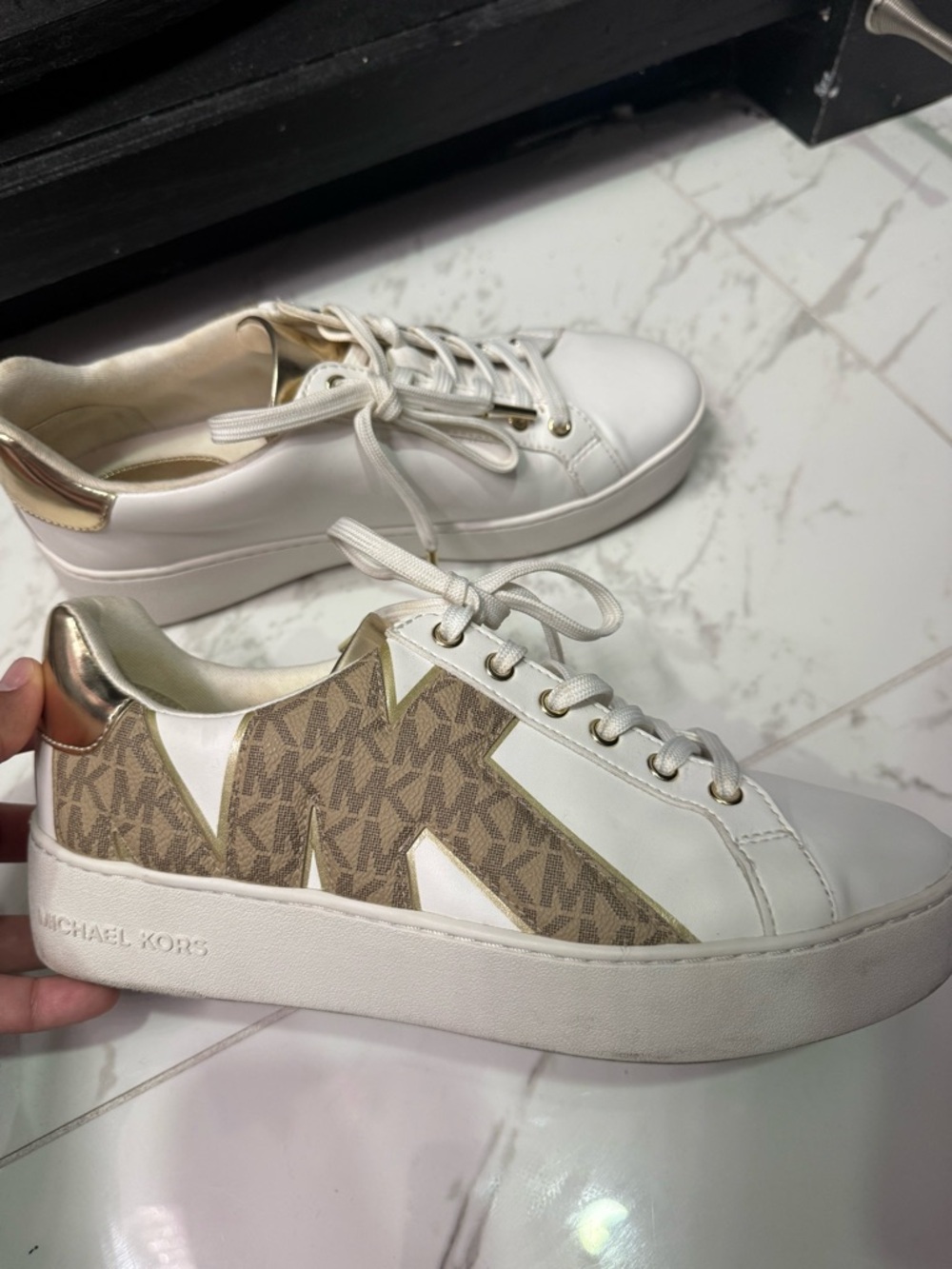 Michael Kors White Leather & Beige MK Logo Sneaker with Gold Heel
